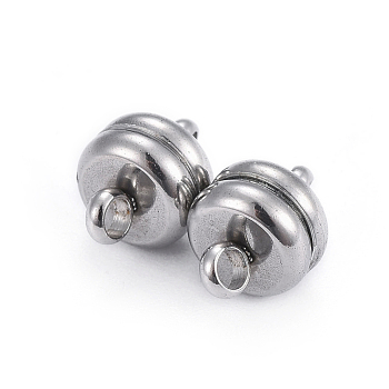 202 Stainless Steel Magnetic Clasps with Loops, Flat Round, Stainless Steel Color, 10.5mm, Hole: 1.4mm