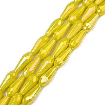 Electroplated Opaque Glass Beads Strands, Full Rainbow Plated, Faceted, Teardrop, Yellow, 15x6mm, Hole: 1mm, about 50pcs/Strand, 28.35 inch(72cm)