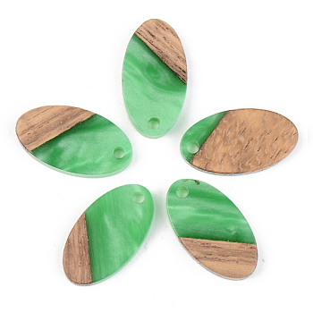 Opaque Resin & Walnut Wood Pendants, Oval, Green, 20x11x3mm, Hole: 2mm