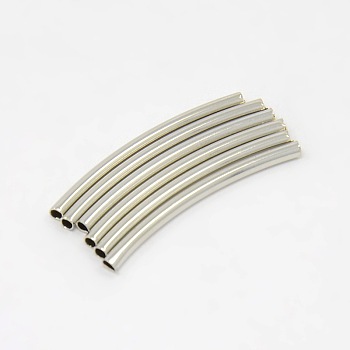 Brass Tube Beads, Curved Tube Noodle Beads, Curved, Platinum Color, Size: about 2mm in diameter,30mm long, hole: 1mm