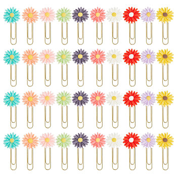 40Pcs 10 Colors Resin Flower Paper Clips, Long Bookmark Marking Clips, with Iron Clips, Mixed Color, 60x26mm, 4pcs/color