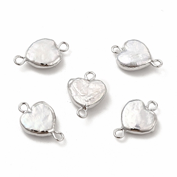 Baroque Natural Keshi Pearl Connector Charms, Heart Links, with Brass Double Loops, Platinum, 17~18x11~13x4~5mm, Hole: 1.8mm