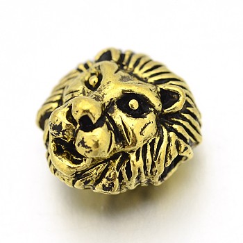 Tibetan Style Alloy Lion Head Beads, Antique Golden, 12x13x9.5mm, Hole: 2mm