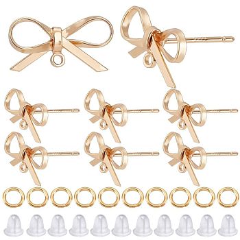 12Pcs Brass Stud Earring Findings, with Horizontal Loops, Bowknot, Nickel Free, 12Pcs Jump Rings & 50Pcs Plastic Ear Nuts, Real 18K Gold Plated, 10x15mm, Hole: 1mm, Pin: 0.7mm