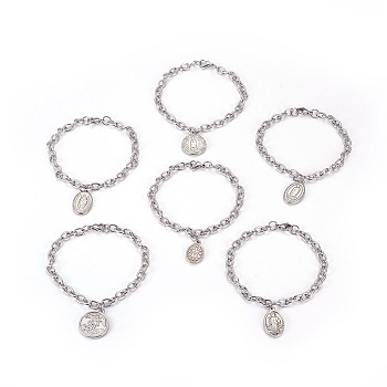304 Stainless Steel Charm Bracelets, with Cable Chains, Flat Round and Oval, Saint Theme, Stainless Steel Color, 8-1/4 inch~8-3/8 inch(21~21.4cm), Pendant: 19~23.5x12.5~20.5x2.5mm