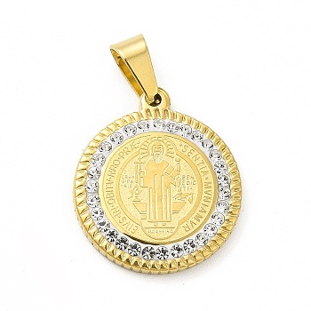 Vacuum Plating 304 Stainless Steel Pendants, with Crystal Polymer Clay Rhinestone, Flat Round with Saint Benedict Medal, Golden, 22x19x2.5mm, Hole: 6.5x4mm