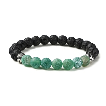 Natural Dyed Crackle Agate & Lava Rock Round Beaded Stretch Bracelet, Green, Inner Diameter: 2 inch(5.2cm).