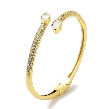Brass Micro Pave Clear Cubic Zirconia Open Cuff Bangles, Horse Eye Shell Bangles for Women, Real 18K Gold Plated, Inner Diameter: 2-3/8 inch(6.1cm)