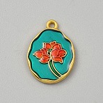 Alloy Enamel Pendants, Oval with Flower, Golden, Medium Turquoise, 21x15x2mm, Hole: 1.6mm(FIND-WH20032-61E)
