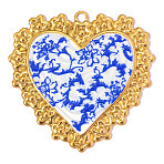 Printed 304 Stainless Steel with Blue Enamel Pendants, Ion Plating(IP), Heart with Floral Pattern Charms, Hand Polished, Real 18K Gold Plated, 49x48mm, Hole: 3mm(SA-OY002-66G)