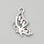 Alloy Enamel Pendants, with Rhinestone, Butterfly Charm, Pink, 25x14.5x2.8mm, Hole: 2.4mm(FIND-TAC0035-22P-02)