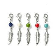 Alloy Feather Pendant Decorations, with Dyed Synthetic Turquoise Beads and Alloy Lobster Claw Clasps, Mixed Color, 50.5mm(HJEW-JM01379-01)