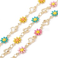 Handmade Eco-friendly Brass Enamel Flower & Heart Link Chain, with Cubic Zirconia, Real 18K Gold Plated, Lead Free & Cadmium Free, Soldered, with Spool, Colorful, 13x7.5x2mm, 9x6x2mm(CHC-E025-35G)