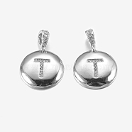 Brass Pendants, with Cubic Zirconia, Cadmium Free & Lead Free, Flat Round with Letter, Platinum, Letter.T, 22mm, Hole: 2x3mm, Pendant: 15x3mm(KK-K194-T-P-RS)