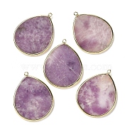 Natural Lilac Jade Pendants, with Brass Findings, Teardrop, Golden, 41~41.5x32x2mm, Hole: 1.5mm(G-E526-01O)