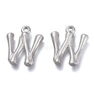 304 Stainless Steel Pendants, Bamboo Shaped Letter, Stainless Steel Color, Letter.W, 17.5~19x10~16x3~4mm, Hole: 1.8~2mm(STAS-G214-38P-W)