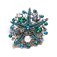 Alloy Brooches, Rhinestone Pin, Jewely for Women, Starfish, Green, 70x66mm(PW-WG38456-01)