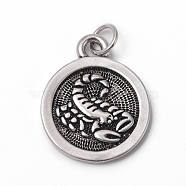 Brass Pendants, with Jump Rings, Long-Lasting Plated, Flat Round with 12 Constellation/Zodiac Sign, Antique Silver, Scorpio, 18.5x15x2mm, Jump Ring: 5x0.7mm, Inner Diameter: 3.6mm(KK-I668-01AS-09)