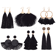 6 Pairs 6 Style Polyester Tassel Dangle Stud Earrings with Rhinestone, Alloy Jewelry for Women, Black, 75~115mm, Pin: 0.6~0.8mm, 1 Pair/style(EJEW-AN0003-35)