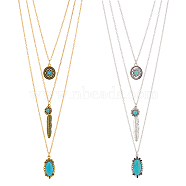 2Pcs 2 Colors Flower & Feather & Oval Imitation Turquoise Pendants 3 Layer Necklaces Set, Alloy Jewelry for Women, Platinum & Golden, 18.66 inch(47.4cm), 1Pc/color(NJEW-AN0001-06)