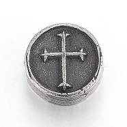 304 Stainless Steel Beads, Flat Round with Cross, Gunmetal, 10.5x4.5mm, Hole: 2mm(STAS-E425-024B)