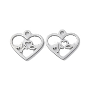 304 Stainless Steel Charms, Manual Polishing, Heart, Stainless Steel Color, 12x13x1mm, Hole: 1.6mm(STAS-Q303-01P)