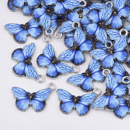 Printed Alloy Pendants, with Enamel, Butterfly, Platinum, Blue, 13.5x20x2mm, Hole: 1.6mm(PALLOY-R111-17A)