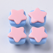Opaque Acrylic Beads, Two Tone, with Star Flat Plate, Half Drilled, Pyramid, Pink, 16~17x16x13.5mm, Half Hole: 3.5mm(SACR-N007-11C)