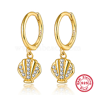 925 Sterling Silver Micro Pave Cubic Zirconia Dangle Hoop Earrings, Shell Shape, with S925 Stamp, Real 18K Gold Plated, 21mm(HH2530-1)