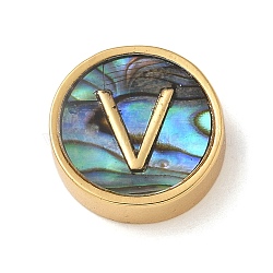 Brass Beads, with Resin Imitation Paua Shell, Flat Round, Real 14K Gold Plated, Letter V, 13.5x4mm, Hole: 1.6mm(KK-U046-17G-V)