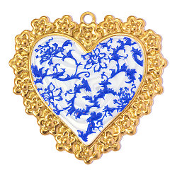 Printed 304 Stainless Steel with Blue Enamel Pendants, Ion Plating(IP), Heart with Floral Pattern Charms, Hand Polished, Real 18K Gold Plated, 49x48mm, Hole: 3mm(SA-OY002-66G)
