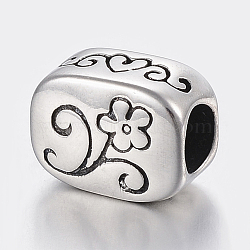 304 Stainless Steel European Beads, Large Hole Beads,  Rectangle with Flower and Word Daughter, Antique Silver, 12x9x7mm, Hole: 5mm(STAS-H446-106AS)