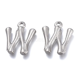 304 Stainless Steel Pendants, Bamboo Shaped Letter, Stainless Steel Color, Letter.W, 17.5~19x10~16x3~4mm, Hole: 1.8~2mm(STAS-G214-38P-W)