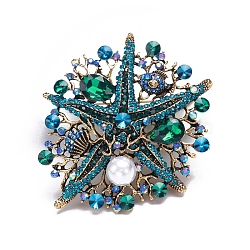 Alloy Brooches, Rhinestone Pin, Jewely for Women, Starfish, Green, 70x66mm(PW-WG38456-01)