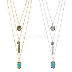 2Pcs 2 Colors Flower & Feather & Oval Imitation Turquoise Pendants 3 Layer Necklaces Set, Alloy Jewelry for Women, Platinum & Golden, 18.66 inch(47.4cm), 1Pc/color(NJEW-AN0001-06)