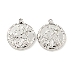 304 Stainless Steel Pendants, with Crystal Rhinestone, Flat Round with Shell & Starfish Charms, Stainless Steel Color, 17x14.5x2mm, Hole: 1.4mm(STAS-L278-025P)