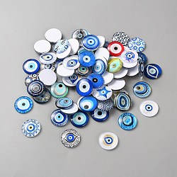 70Pcs Glass Cabochons, Half Round with Evil Eye Pattern, Mixed Color, 25x6mm(GLAA-WH0031-97)