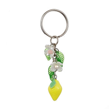 Fruits & Leaf Acrylic Pendant Keychain, with Iron Keychain Ring, Lemon, 7.8cm, pendant: 23x13.5x12mm