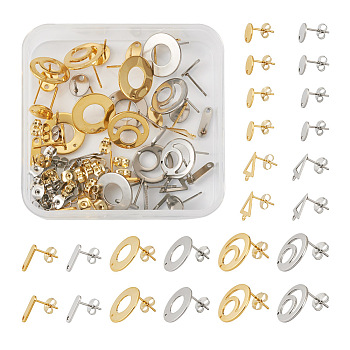 48Pcs 12 Styles 201 Stainless Steel Stud Earring Findings, with Hole & 304 Stainless Steel Pins & Ear Nuts, Rectangle & Oval & Flat Round & Donut & Triangle, Golden & Stainless Steel Color, 9~16x3.5~9mm, Hole: 0.9~1.4mm, Pin: 0.7~0.8mm, 4Pcs/style