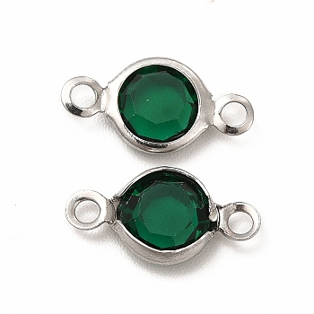 304 Stainless Steel with Glass Connector Charms, Flat Round Links, Stainless Steel Color, Sea Green, 12.5x7x2mm, Hole: 1.5mm