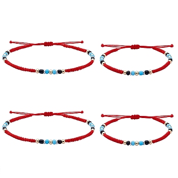 4Pcs 4 Style Glass Seed & Brass Braided Bead Bracelets and Anklets Set, Friendship Jewelry for Women, Red, Inner Diameter: 1.97~3.27 inch(5~8.3cm), 2.76~3.78 inch(7~9.6cm), 1Pc/style