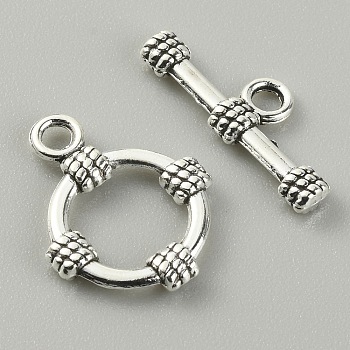 Tibetan Style Alloy Toggle Clasps, Ring with Knot, Antique Silver, Round: 18.5x14x2.5mm, Inner Diameter: 7x9mm, T-bar: 19x7x2.5mm, Hole: 2mm, 2pcs/set