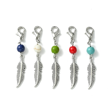Alloy Feather Pendant Decorations, with Dyed Synthetic Turquoise Beads and Alloy Lobster Claw Clasps, Mixed Color, 50.5mm