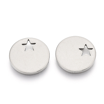 304 Stainless Steel Charms, Flat Round with Star, Stainless Steel Color, 13x1mm