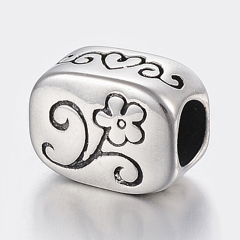 304 Stainless Steel European Beads, Large Hole Beads,  Rectangle with Flower and Word Daughter, Antique Silver, 12x9x7mm, Hole: 5mm