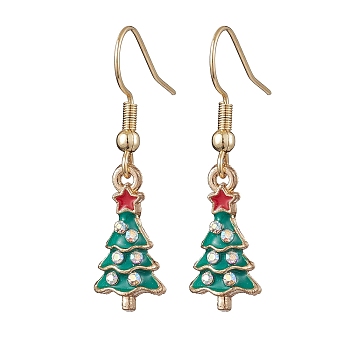 Christmas Tree Alloy Rhinestone Dangle Earrings, Enamel Style, 304 Stainless Steel Earrings for Women, Golden, 32x9mm