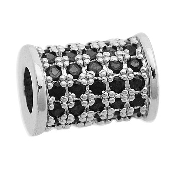 Brass Micro Pave Cubic Zirconia Beads, Column, Platinum, 9.5x7mm, Hole: 3.5mm, 3pcs/bag