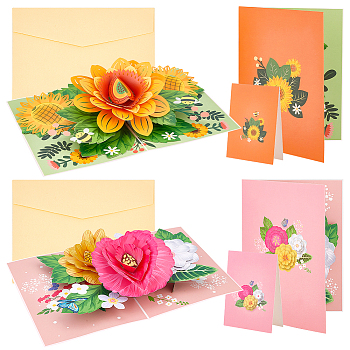 AHANDMAKER 2 Sets 2 Styles Valentine's Day Rectangle 3D Pop Up Flower Paper Greeting Card, with Envelope, Mixed Color, 195x291x85mm, 1 set/style