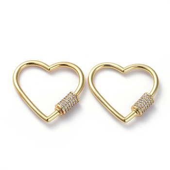 Brass Micro Pave Cubic Zirconia Screw Carabiner Lock Charms, for Necklaces Making, Long-Lasting Plated, Heart, Clear, Real 18K Gold Plated, 29.5x31x2.1mm