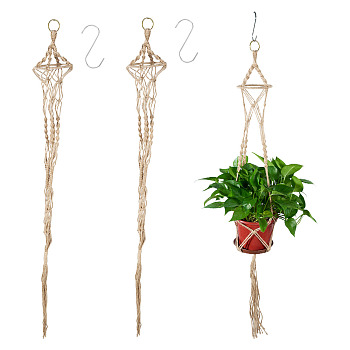 2Pcs Handmade Macrame Polyester Plant Hanger, Hanging Net Plant Basket, with Iron Ring and 2Pcs Iron S Hook, Tan, 1190x125mm